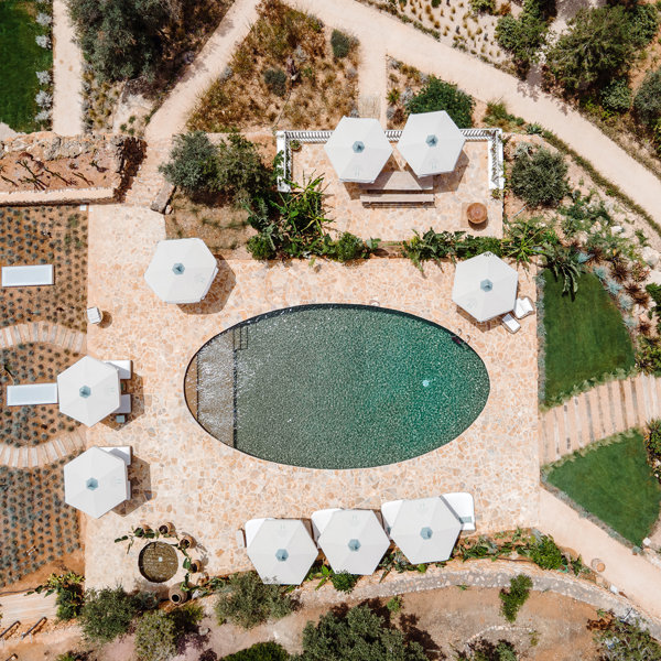 Piscina ovalada de agua salada, en Fincadelica, en Ibiza.